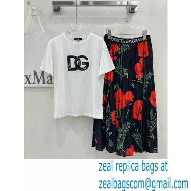 Dolce & Gabbana WHITE T-SHIRT AND ROSE PRINTED SKIRT 2023
